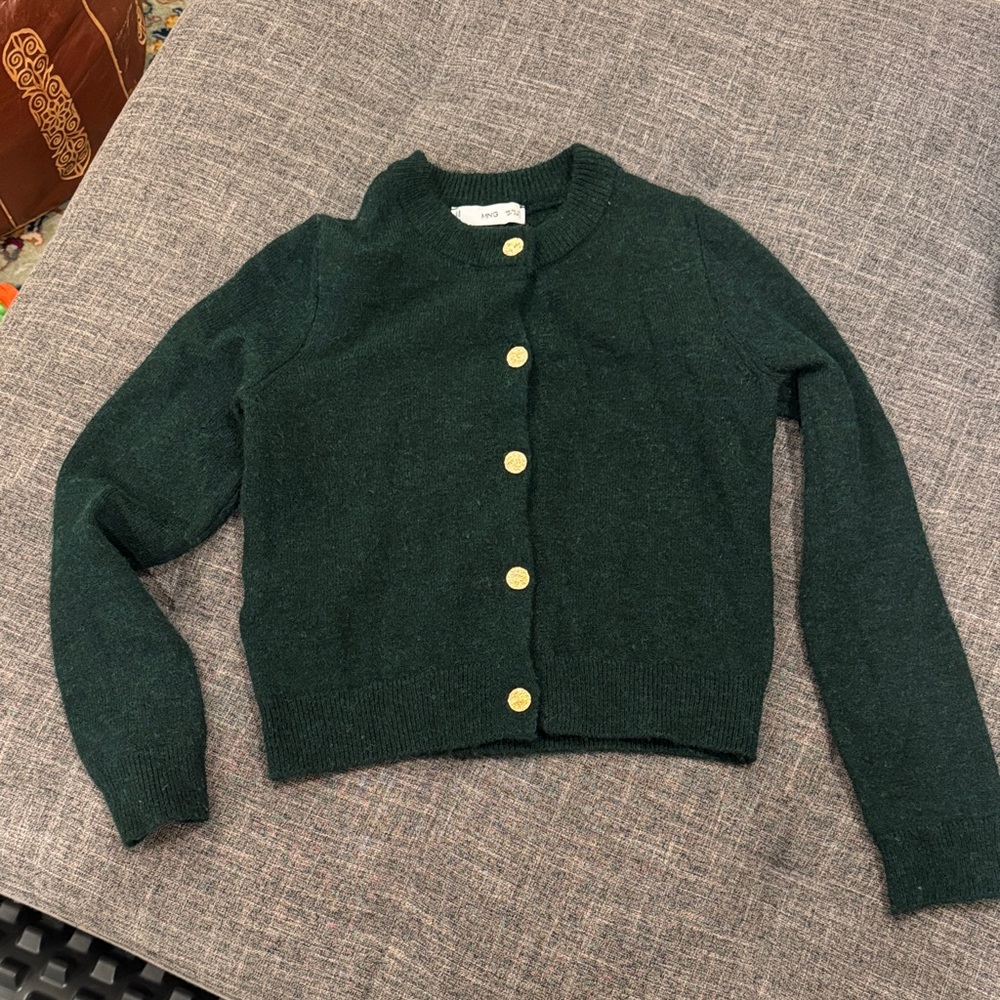 MANGO Eliote Crop Cardigan, GREEN, Size X-Small with Gold Buttons